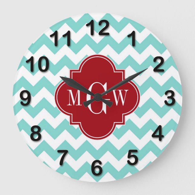 Aqua White Chevron Cranberry Quatrefoil 3 Monogram Large Clock (Front)