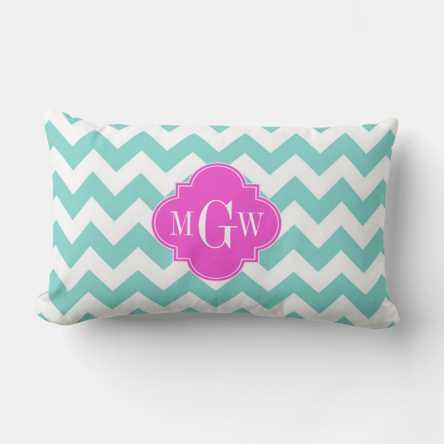 Aqua White Chevron Hot Pink Quatrefoil 3 Monogram Lumbar Cushion (Front)