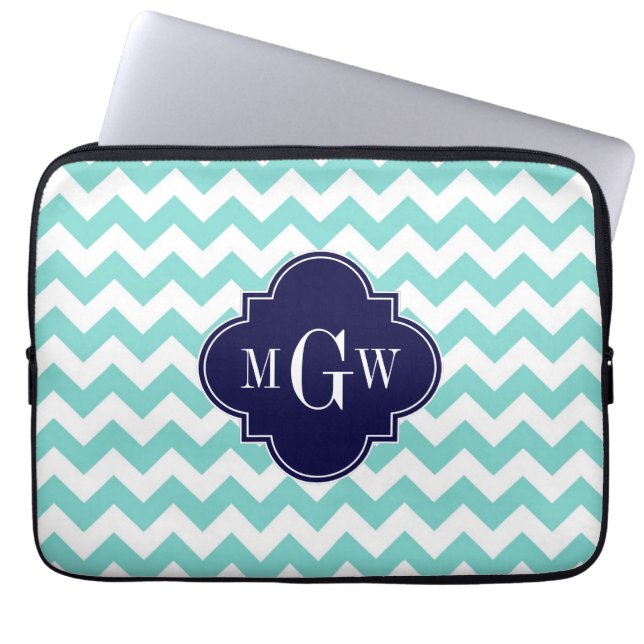 Aqua White Chevron Navy Blue Quatrefoil 3 Monogram Laptop Sleeve (Front)