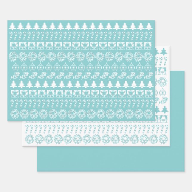 Aqua/White Christmas Iconic Pattern Wrapping Paper Sheet (Set)