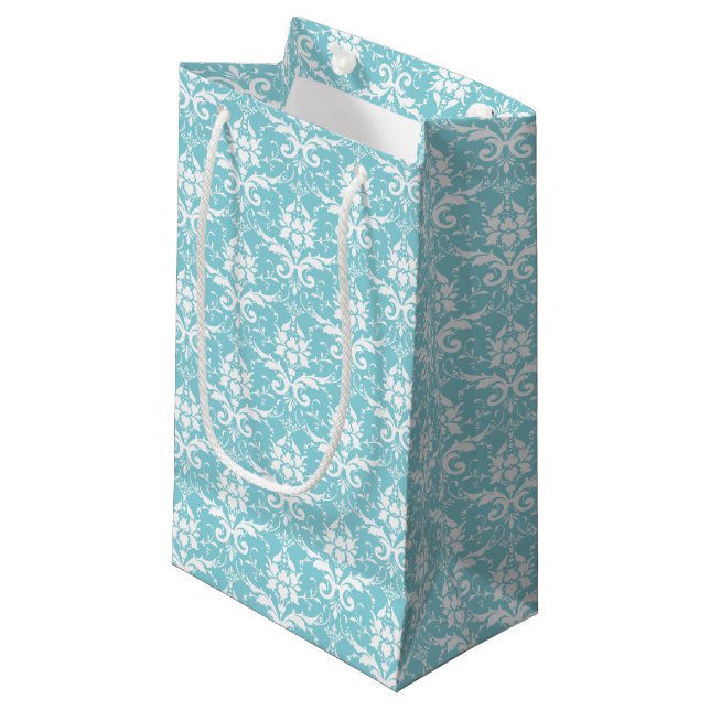 Aqua & White Damask Print Gift Bag (Front Angled)
