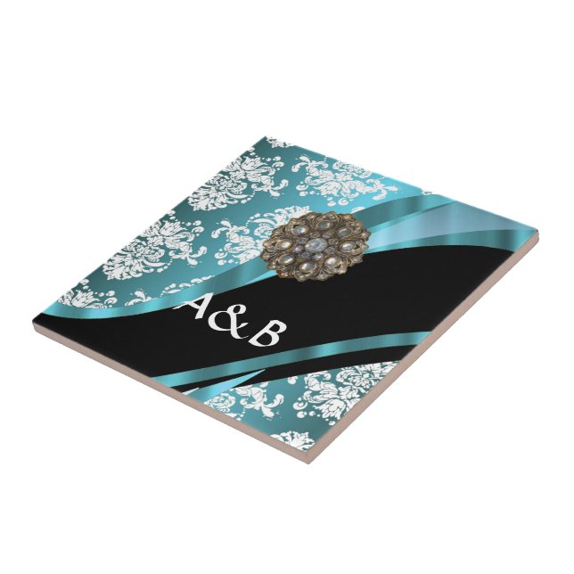 Aqua & white damask with faux crystal gem ceramic tile (Side)