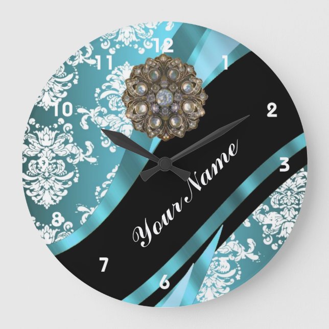 Aqua & white damask with faux crystal gem large clock (Front)