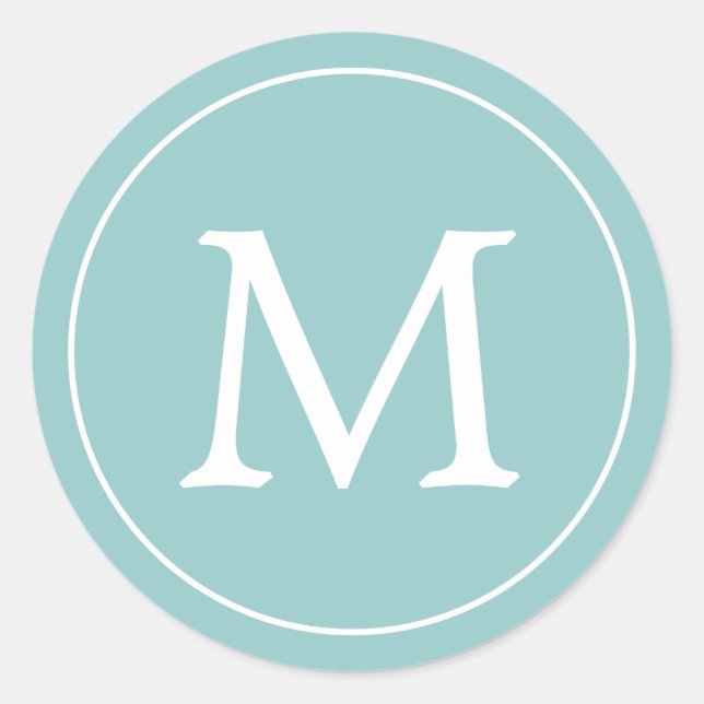 Aqua White Elegant Monogram Classic Round Sticker (Front)