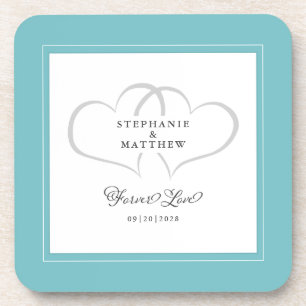 Aqua & White Elegant Wedding Hearts Forever Love Coaster