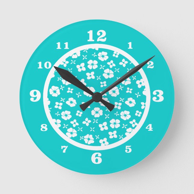 Aqua & White Flowers Round Clock (Front)