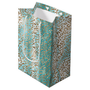 Aqua White Gold Leopard Print Christmas Medium Gift Bag