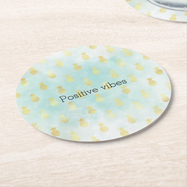 Aqua White Gold Tropical Glam Pineapples      Round Paper Coaster (Angled)