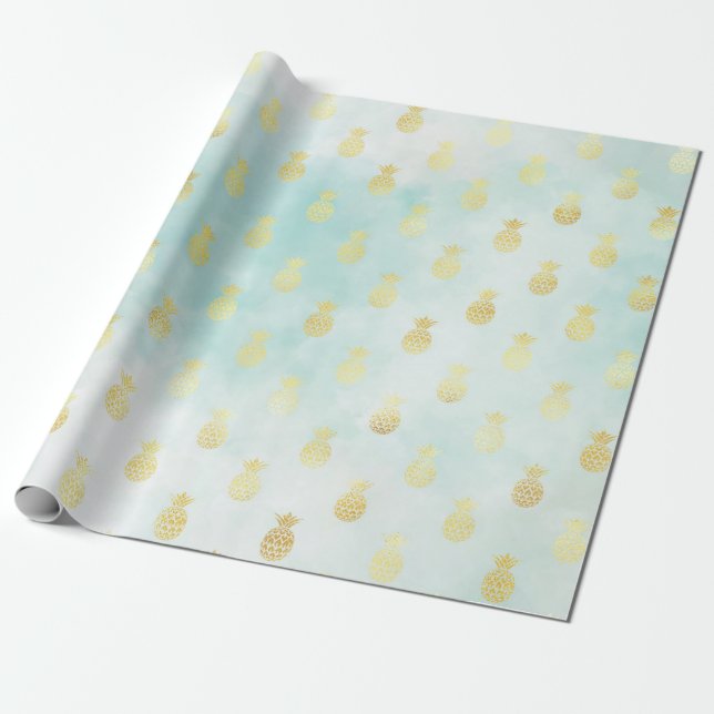 Aqua White Gold Tropical Glam Pineapples Wrapping Paper (Unrolled)
