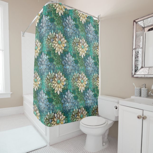 Aqua White Green Floral Shower Curtain (In Situ)