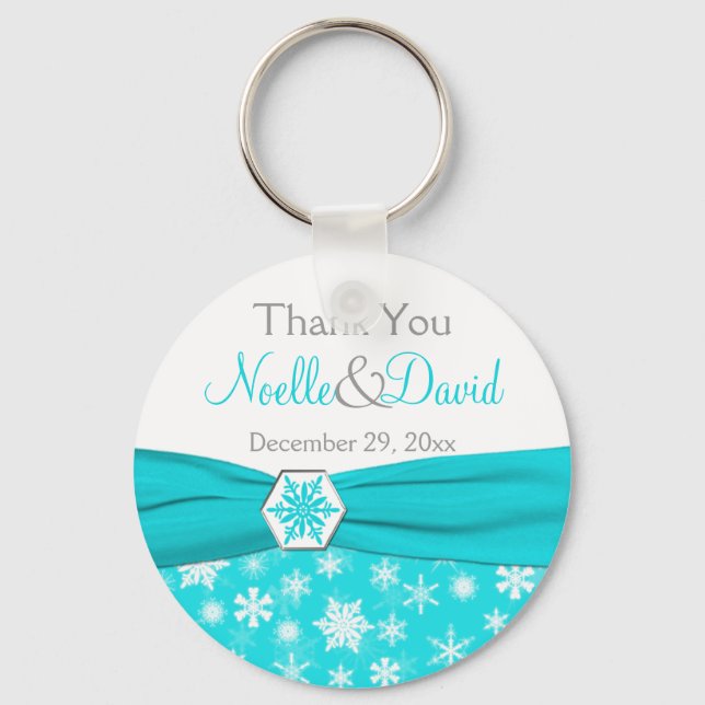 Aqua, White, Grey Snowflake Thank You Key Chain (Front)