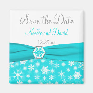 Aqua, White, Grey Snowflakes Save the Date Magnet