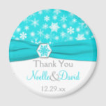 Aqua, White, Grey Snowflakes Wedding Favour Magnet<br><div class="desc">This turquoise and white snowflakes wedding favour thank you magnet with FAUX aqua blue ribbon and snowflake medallion matches the wedding invitation shown below. All the text is customisable, and you can change the size and shape. If you require any other matching items in this design, please email your request...</div>