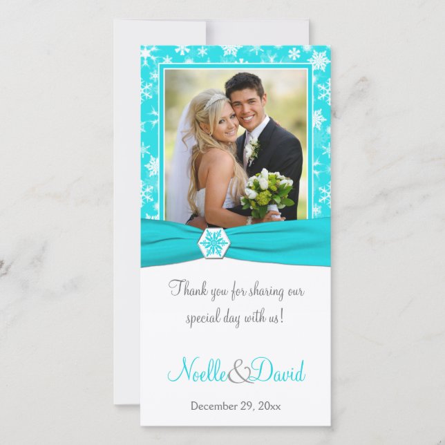 Aqua, White, Grey Snowflakes Wedding Photo Card (Front)
