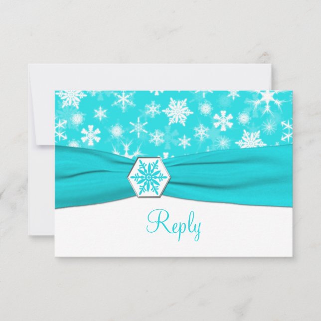 Aqua, White, Grey Snowflakes Wedding Reply Card (Front)
