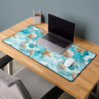 AQUA & WHITE INNERTUBES AND SANDY SEASHELLS DESK MAT
