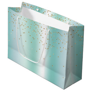 Aqua White Mint Gold Confetti Christmas Large Gift Bag