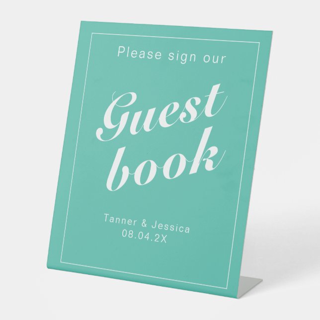 Aqua & White Modern Minimalist Guestbook  Pedestal Sign (Front)