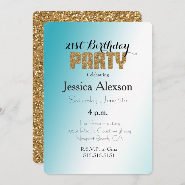 Aqua White Ombre Gold Glitter Invitation (Front/Back)