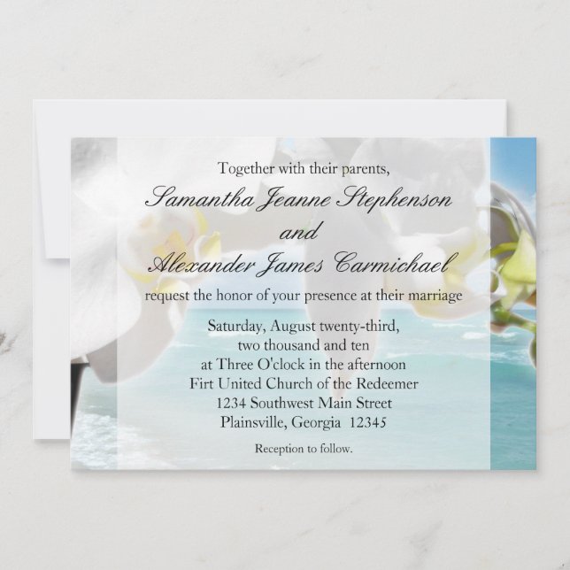 Aqua/White Orchid Beach Wedding Invitation (Front)
