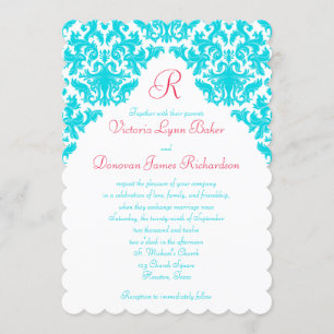 Aqua, White, Red Damask Monogrammed Invite