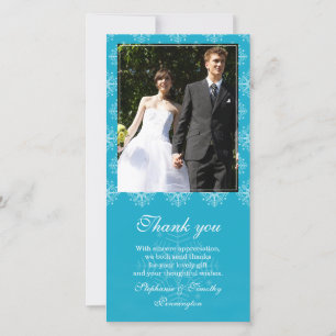 Aqua + white snowflakes wedding thank you photo card