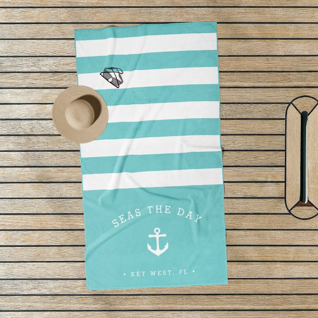 Aqua & White Stripe Boat Name Beach Towel (Creator Uploaded)