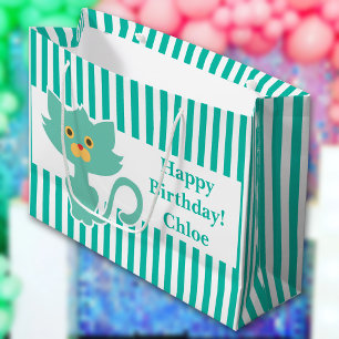 Aqua-White Stripe•Cat•Custom Large Gift Bag