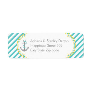 Aqua, white stripes & anchor nautical wedding return address label