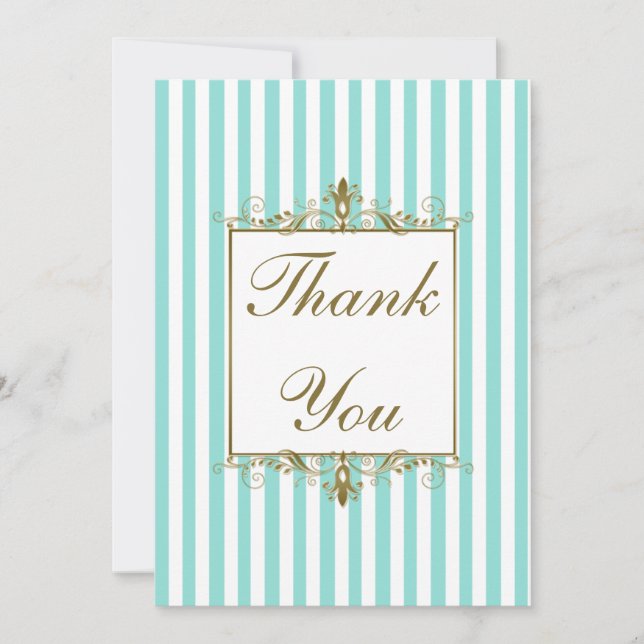 Aqua, White Stripes Gold Scrolls PHOTO Thank You Card (Front)