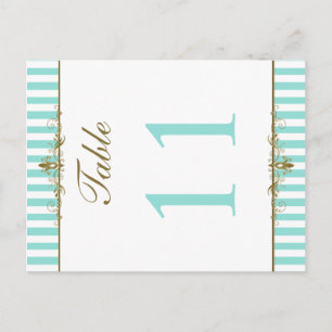 Aqua, White Stripes Gold Scrolls Table Number Card