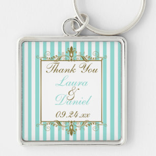 Aqua, White Stripes Gold Scrolls Wedding Favor Key Ring