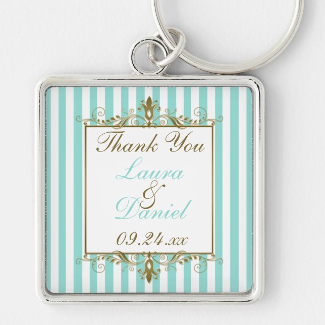 Aqua, White Stripes Gold Scrolls Wedding Favour Key Ring (Front)