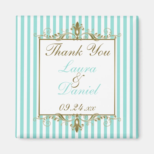 Aqua, White Stripes Gold Scrolls Wedding Favour Magnet (Front)