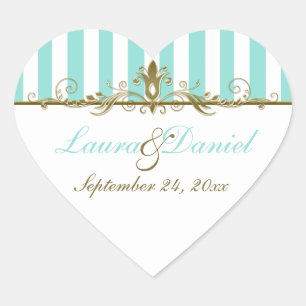 Aqua, White Stripes Gold Scrolls Wedding Sticker