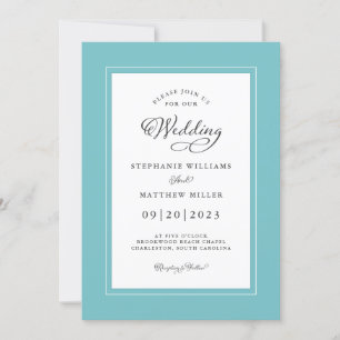 Aqua White Wedding Elegant Calligraphy Chic Frame Invitation