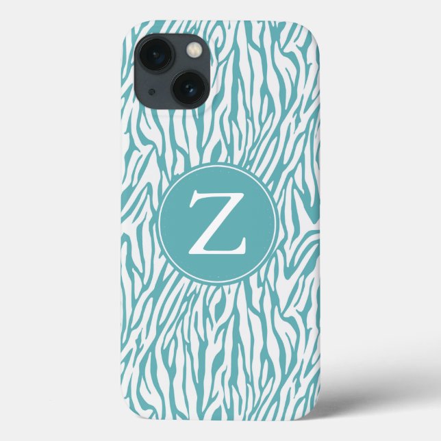 Aqua White Zebra Print Monogram Case-Mate iPhone Case (Back)