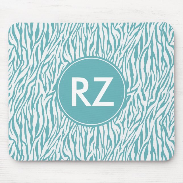 Aqua White Zebra Print monogram Mouse Pad (Front)