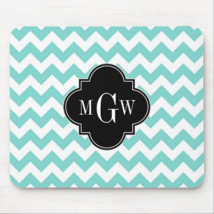 Aqua Wht Chevron Black Quatrefoil 3 Monogram Mouse Pad
