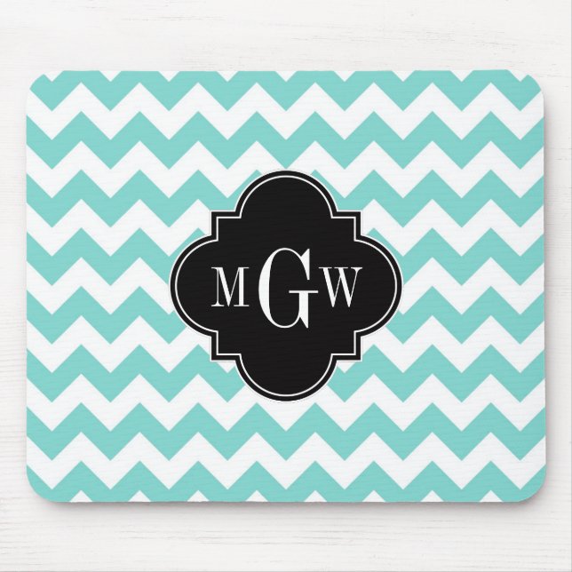 Aqua Wht Chevron Black Quatrefoil 3 Monogram Mouse Pad (Front)