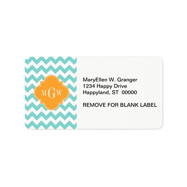 Aqua Wht Chevron Cantaloupe Quatrefoil 3 Monogram Label (Front)