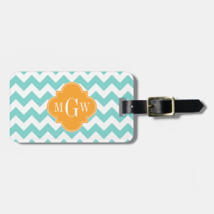 Aqua Wht Chevron Cantaloupe Quatrefoil 3 Monogram Luggage Tag