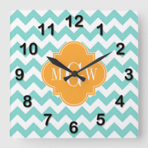 Aqua Wht Chevron Cantaloupe Quatrefoil 3 Monogram Square Wall Clock