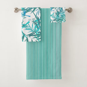 Aqua willow leaves and Stripes Bath Towel Set