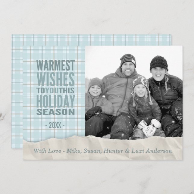 Aqua Winter Plaid Holiday Custom Photo Flat Card (Front/Back)