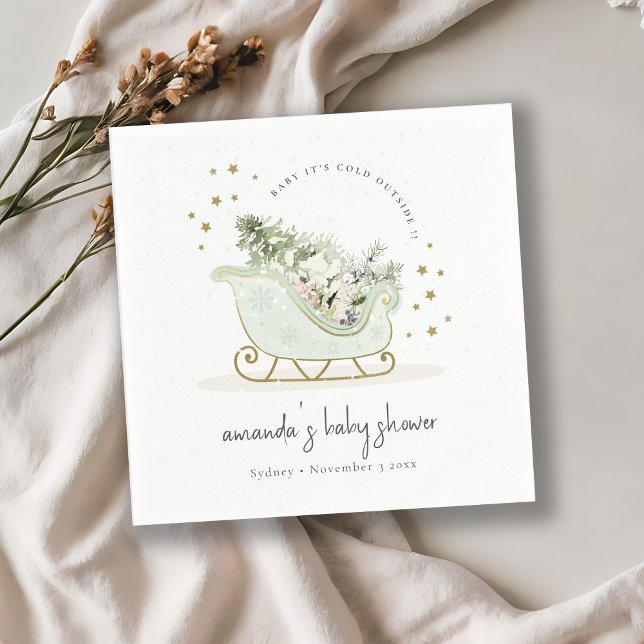 Aqua Winter Sleigh Its Cold Outside Baby Shower Napkin (Creator Uploaded)