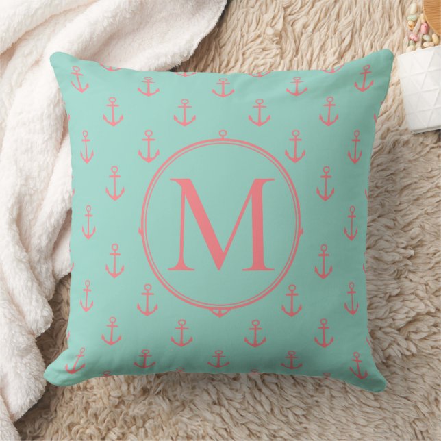 Aqua With Coral Pink Anchors Monogram Cushion (Blanket)