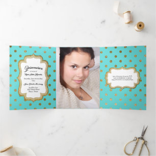 Aqua with Gold Dots and Custom Photo Quinceañera Tri-Fold Invitation