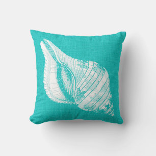 Aqua with White Conch Seashell Burlap Look Cushion