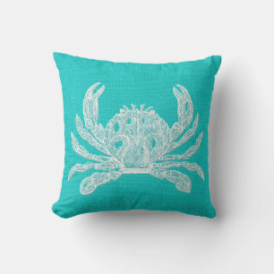Aqua with White Crab Burlap Look Cushion